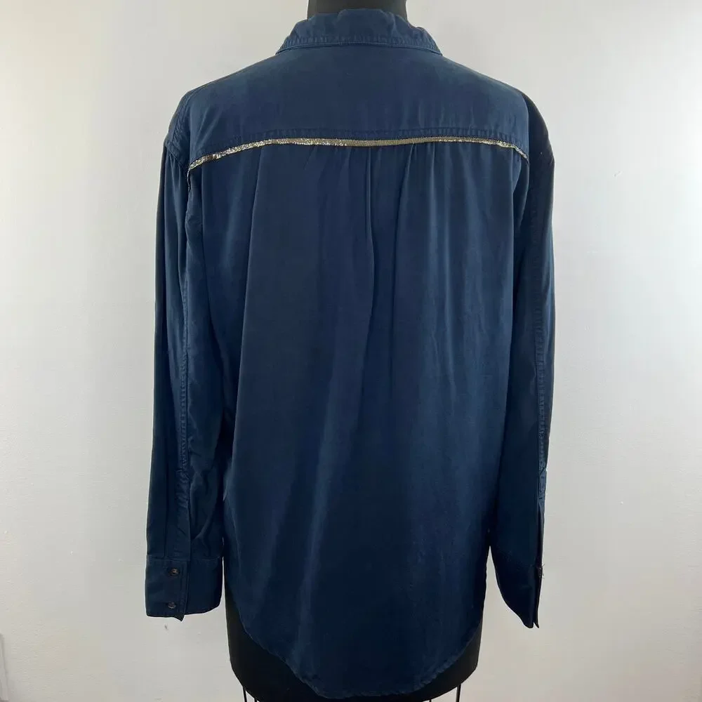 Free People Blue Off Campus Button-Down Long Sleeve Tencel Women's Shirt Size S